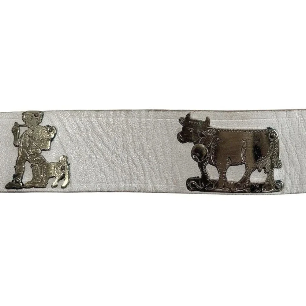 Vintage White‎ Leather Belt Brass Cow Herder Swiss Folk Art Cottagecore 33 Inch